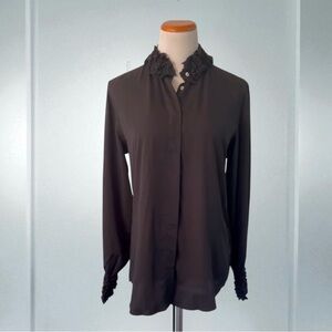 LE SARTE PETTEGOLE Black Button Front Ruffle Blouse Size 44